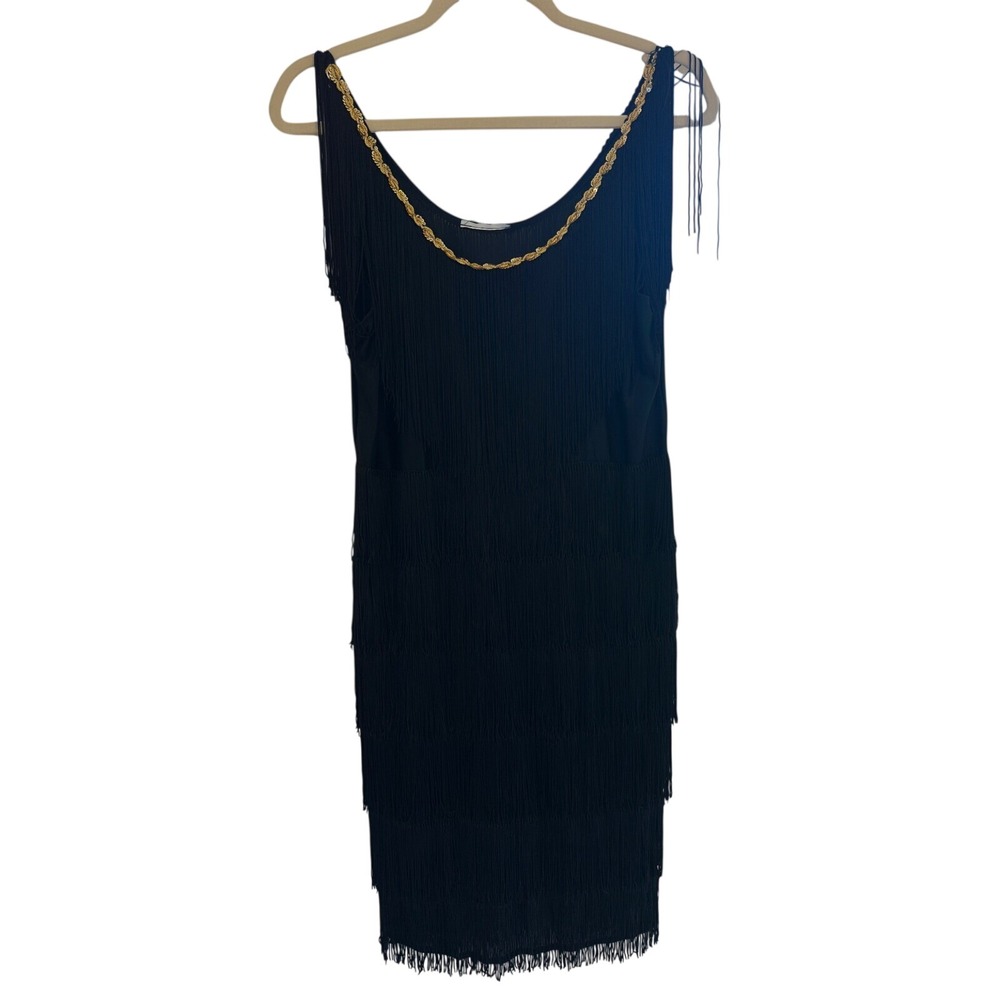 Gatsby‎ 20s Flapper Fringe Dress Vintage Style Black Gold Sequin Trim Sleeveless